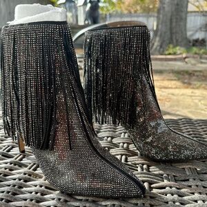 INC International Concepts shiny beaded, fringe stiletto booties